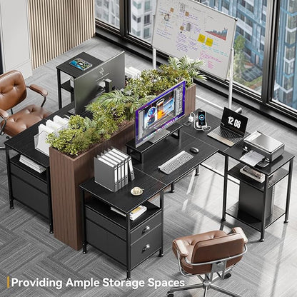 Furologee L Shaped Computer Desk with Power Outlet, Reversible Home Office Desk for Work Study, 50 Inch Corner Gaming Table with File Drawer, Monitor Stand, Storage Shelves, Black