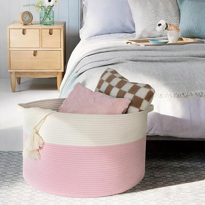 Pink Storage Baskets for Organizing, 22"X22"X14" XXXL Blanket Basket Living Room, Large Toy Basket, Soft Pink Cotton Rope Woven Baskets for Storage, Decorative Gifts Basket Bins for Nursery