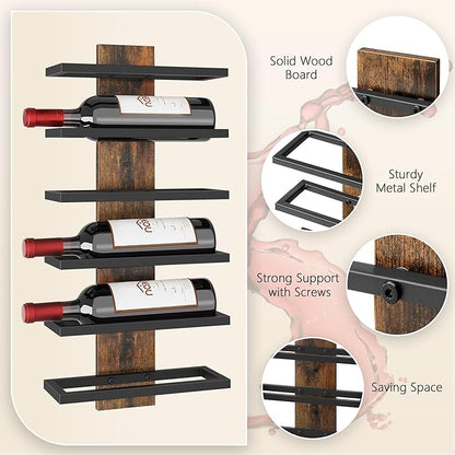 Hoctieon 2-Set 6 Tier Wall Mount Wine Rack, Wall Mounted Wine Bottle Racks for Display and Storage, Hanging Bottle Holder, for Living Room, Dining Room, Bar, Wine Cellar, Rustic Brown