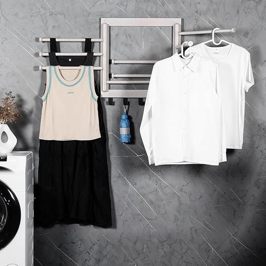 Wall Mounted Drying Rack - Clothes Drying Rack Wall Mounted for Laundry - 20 INCH - with 5 Hooks and 8 arms - 80 lbs Capacity - White Bamboo
