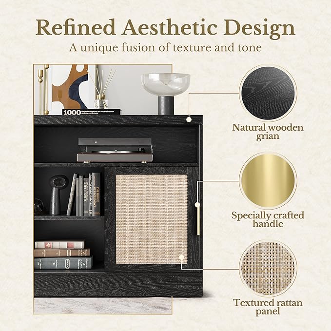File Cabinet with Sliding Door, 32'' Rattan Office Cabinet with Open Adjustable Storage Shelves, Wood Filing Cabinet for Home Office, Black