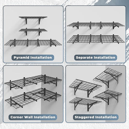 4 Pack Heavy Duty Garage Wall Shelving Set (2x3ft), Wall Mounted Garage Shelves 1400lbs Capacity, 24"x72" Shelf Storage Rack Floating Shelves, Black