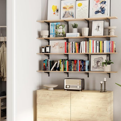 Wallniture Turin 60" Long Wall Bookshelf, Floating Shelves for Bookcase, Storage Shelves with Adjustable Standard Rail Bracket System, Burnt Finish