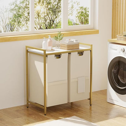 Laundry Hamper, double Laundry Basket, Laundry Sorter with Top Shelf & 2 Removable Washable Bags & Side Pockets for Laundry Room organization, Bathroom and Dorm, Gold and White