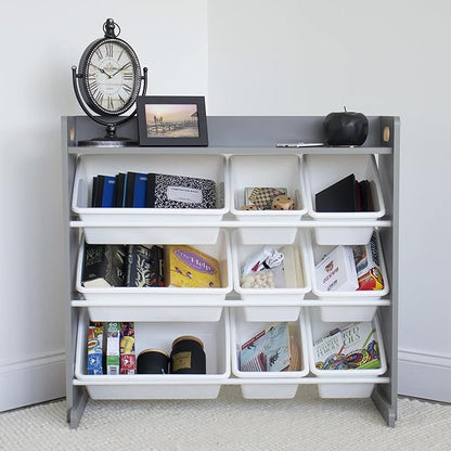 Humble Crew Toy Storage Organizer with Top Shelf and 9 Removable Bins, Grey/White – Toddler Bookshelf with Toy Organizer - Modern Toy Rack Ideal for Kids' Rooms, Playrooms, and Nurseries