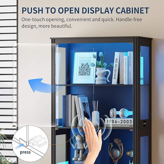 HNEBC 71'' Display Cabinet with 5-Tier and 3 Color Lights for Books Toys Liquor,Curio Cabinet with Human Body Bookcases for Bedroom, Living Room,Black