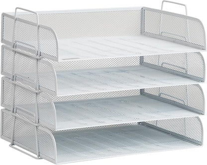 Mind Reader Stackable Paper Tray, Desktop Organizer, File Storage, Office, Metal Mesh, 4 Pcs., White