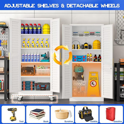 71” Metal Garage Storage Cabinet with Lock and Wheels, Metal Storage Cabinet with Louvered Door and 4 Adjustable Shelves, Rolling Tool Cabinet, Utility File Cabinet for Home Office - White