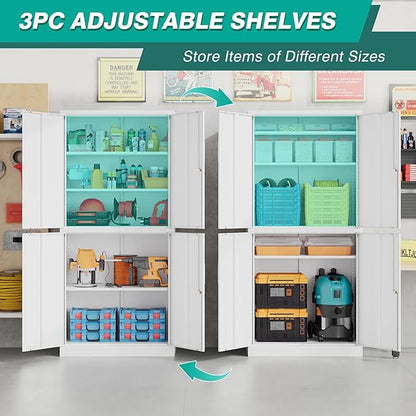 Metal Storage Cabinet with 3 Adjustable Shelves,Garage Storage Cabinet with Lock,White Metal Cabinets with Locking Doors,71" 4 Door Pantry Cabinet,Lockable Cabinets for Home,Office,Garage,Kitchen
