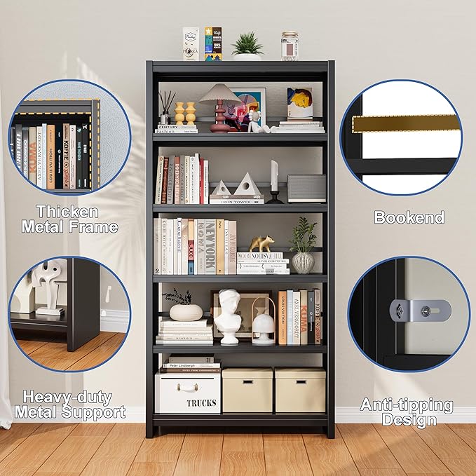 Bookshelf, Tall Bookcase for Books, CDs, Movies, Garage Kit, 5 Tier Book Shelf, Modern Display Shelf for Library Home Office Bderoom Living Room, Metal Bookshelves Industrial Black