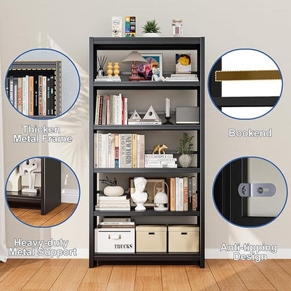 Bookshelf, Tall Bookcase for Books, CDs, Movies, Garage Kit, 5 Tier Book Shelf, Modern Display Shelf for Library Home Office Bderoom Living Room, Metal Bookshelves Industrial Black