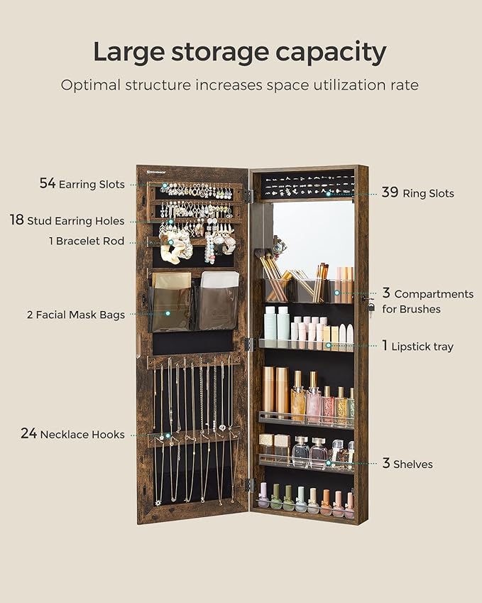 SONGMICS Jewelry Cabinet Armoire, Wall or Door Mount Storage Organizer with Full-Length Mirror, Lockable Cabinet with Built-in Small Mirror, Shelves, Gift Idea, Rustic Brown UJJC003X01