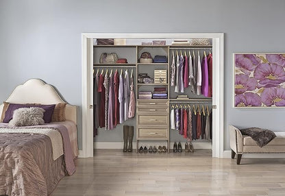 ClosetMaid SuiteSymphony Wood Closet Organizer Starter Kit with Tower and 3 Hang Rods, Shelves, Adjustable, Fits Spaces 5 – 10 ft. Wide, Natural Gray