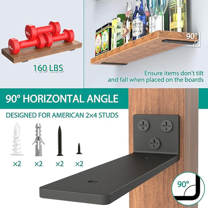 Goovilla Heavy Duty Floating Shelf Brackets 8 Inch for 2×4” Wood Stud, 4 Pack L Brackets for Shelves or Shelving, Black Coated Metal Shelf Hardware with 160 lb. Load Capacity and Easy Installation