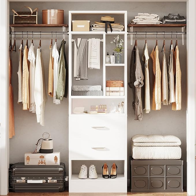 COTUBLR Closet System, 48" W - 105” W Closet Organizer with 24” Tower and 2 Extendable Hanging Rods, Walk-in Wardrobe Garment Rack with 2 Wooden Drawers and 6 Shelves, Fit up to 600 LBS (White)