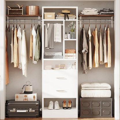 COTUBLR Closet System, 48" W - 105” W Closet Organizer with 24” Tower and 2 Extendable Hanging Rods, Walk-in Wardrobe Garment Rack with 2 Wooden Drawers and 6 Shelves, Fit up to 600 LBS (White)
