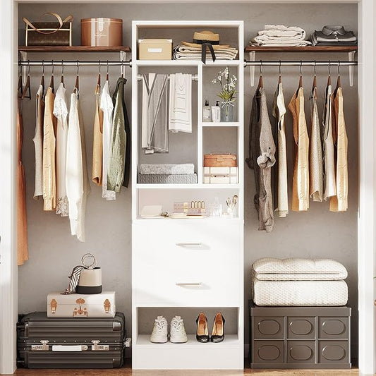 COTUBLR Closet System, 48" W - 105” W Closet Organizer with 24” Tower and 2 Extendable Hanging Rods, Walk-in Wardrobe Garment Rack with 2 Wooden Drawers and 6 Shelves, Fit up to 600 LBS (White)