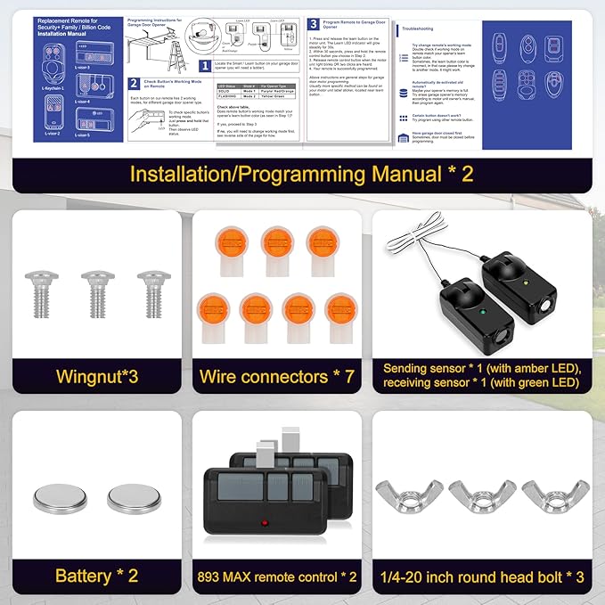 893LM 893Max 971LM for LiftMaster Chamberlain Craftsman Garage Door Opener Remote, 3-Button 120ft Range Rolling Code Replacement Remote, 41A5034 Safety Sensor Kit Compatible