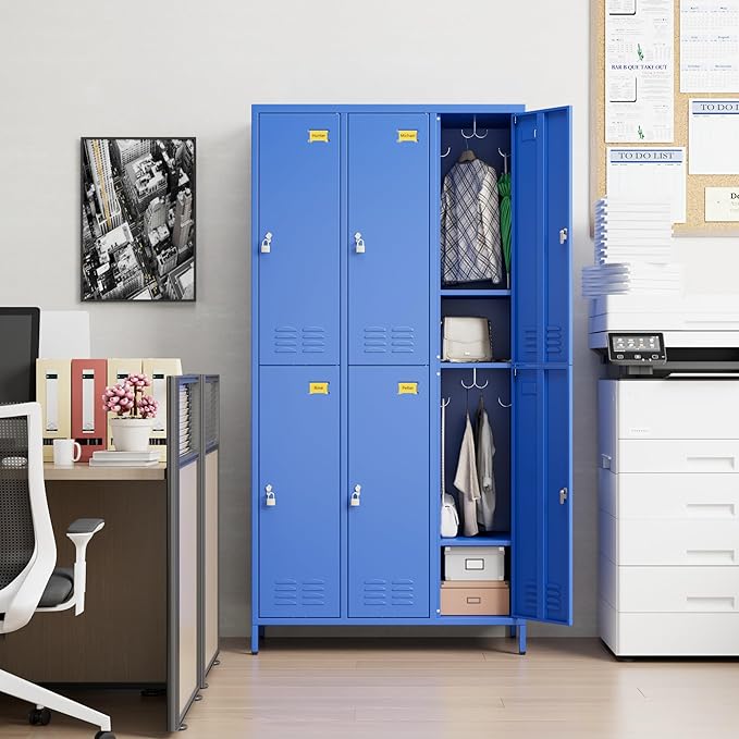 Aobabo Metal Locker for Employees, 6 Doors Metal Locker Cabinet with Lock, Industrial Storage with 18 Hooks, Storage for Office, Gym, Dormitory, Assembly Required, Blue