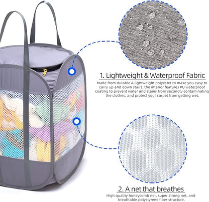 1.5 Loads, Pop-up Laundry Hamper with Extended, Thickened and Reinforced Handles, Tear Proof, Laundry Basket with Zipper Lid, With YKK Zipper, Honey Comb Mesh, Breathable, 14.9"*14.9"*21.6" (white)