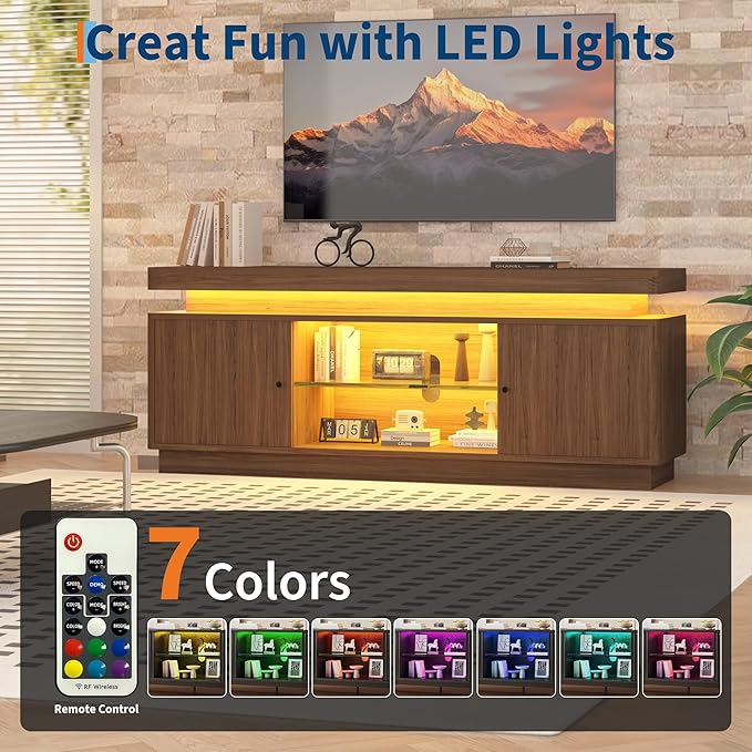 TV Stand Entertainment Center with Storage Cabinets, LED Lights Open Shelves & Power Outlets Media TV Console Table for UP to 75" Television Stands