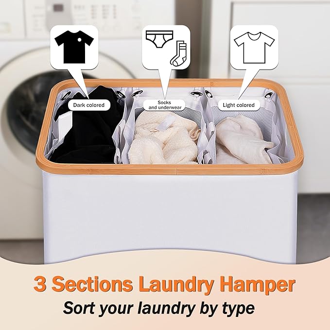 efluky Laundry Hamper with Lid, Double Laundry Hamper with 2 Removable Bags, 2 Section Laundry Basket with Bamboo Handles for Bathroom, Bedroom & Laundry Room (White, 160L Trio)