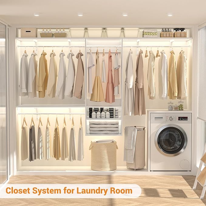 96 Inch Hanging Closet System, 8 FT Closet Organizer System with Hanging Rod, Walk In Mounted Closet System, Built-In Clothes Garment Rack with 3 Shelving Towers(Can Be Cut To Fit), White