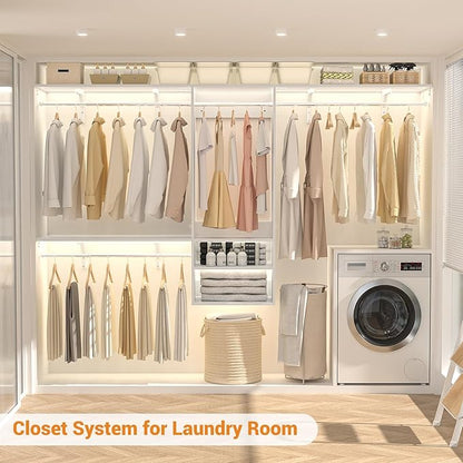 96 Inch Hanging Closet System, 8 FT Closet Organizer System with Hanging Rod, Walk In Mounted Closet System, Built-In Clothes Garment Rack with 3 Shelving Towers(Can Be Cut To Fit), White