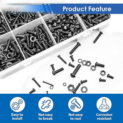 smseace 516Pcs Black Nuts and Bolts Assortment Kit 21-Sizes M3/M4/M5/M6 Nut Bolt Washer Assortment Kit for Machinery, Furniture, Automotive, Motorcycle Repairs