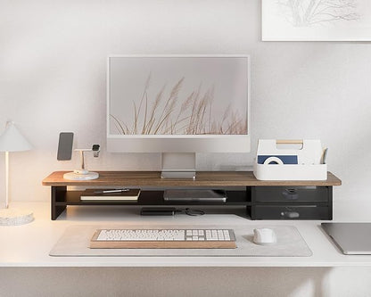 Fenge Monitor Stand, Dual Monitor Riser, 42.5inch Large Desk Computer Monitor Stand Riser with Drawer, 2 Tier Wood & Acrylic Desktop Organizer for Computer, Laptop, Printer, TV Screen Riser