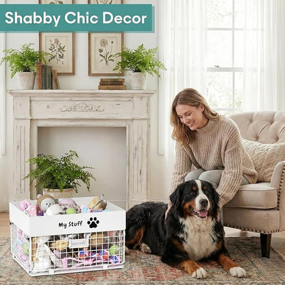 Dog Toy Box- Metal Toy basket for Dog - Dog Toys Storage Bin for Pet - Personalized Large Dog Toys Basket for Puppy and Pet- White Chew Resistant Dog Toy Chest & Organizer