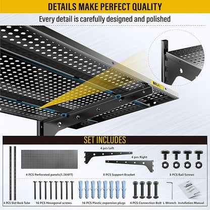2-Pack 2 Tier 1.3x4ft Garage Shelving Wall Mounted, 15.6x48inch per Shelf Height Cassette Adjustable Floating Shelves(Black)