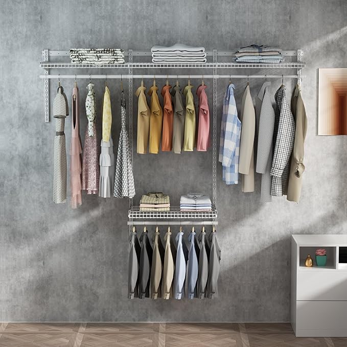 4-8FT Closet Shelving System, Adjustable Metal Wire Shelves, Wall-mounted Closets Kit with Expandable Hanging Rod, DIY Organization Rack for Walk-in/Built-in Wardrobe of Bedroom, Laundry
