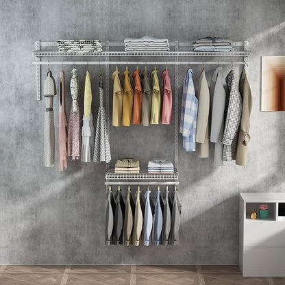 4-8FT Closet Shelving System, Adjustable Metal Wire Shelves, Wall-mounted Closets Kit with Expandable Hanging Rod, DIY Organization Rack for Walk-in/Built-in Wardrobe of Bedroom, Laundry