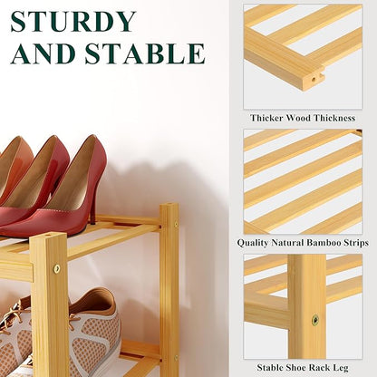 Smiry Bamboo Shoe Rack for Closet, 3 Tier Wooden Stackable Shoe Organizer, Free Standing Shoes Storage Shelf for Entryway, Front Door Entrance, Natural & White