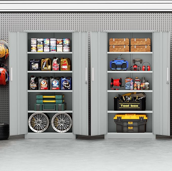 Metal Garage Storage Cabinet, 72” Lockable File Cabinets with 2 Doors and 4 Adjustable Shelves, Steel Tool Cabinets with Lock for Office, Home, Garage, Warm Grey