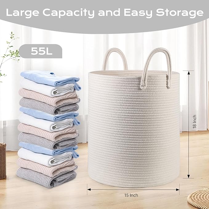 Cotton Rope Laundry Basket Hamper for Girls Kids Baby Nursery Hamper Bin Woven Storage Basket for Living Room cute laundry basket Tall Laundry Basket for Blanket Toy storage bin&box(White)