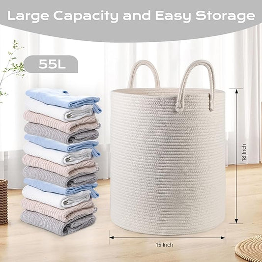 Cotton Rope Laundry Basket Hamper for Girls Kids Baby Nursery Hamper Bin Woven Storage Basket for Living Room cute laundry basket Tall Laundry Basket for Blanket Toy storage bin&box(White)