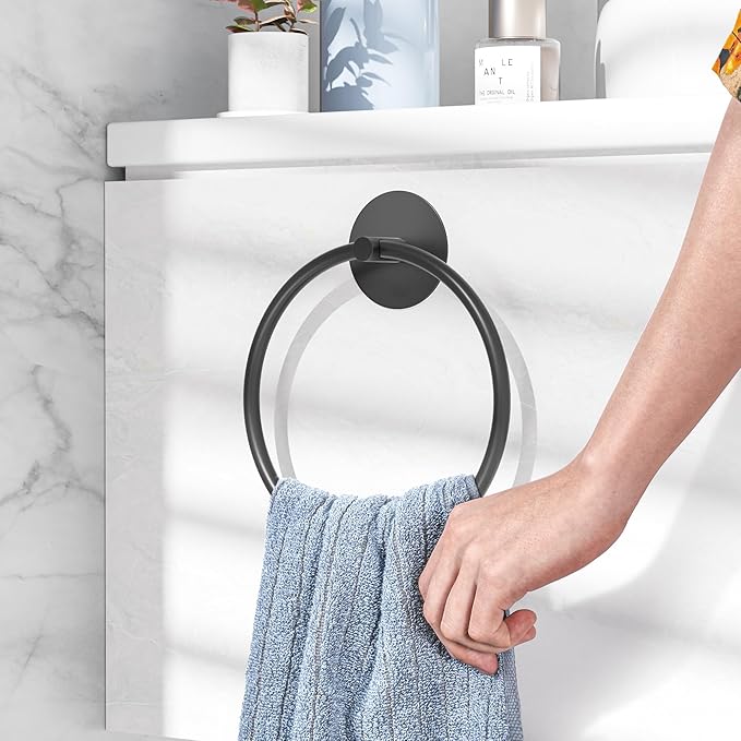 Matte Black Bathroom Towel Ring - SUS304 Stainless Steel Bathroom Towel Rack, Susswiff Adhesive Wall Mounted Hand Towels Holder, Towel Hanger for Bathroom Organizer, Kitchen Storage