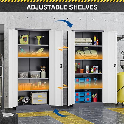 Metal Storage Cabinet-72” Tall Steel File Cabinets with Lockable Doors and Adjustable Shelves-White&Gray Steel Storage Cabinet for Home Kitchen, Office, Garage