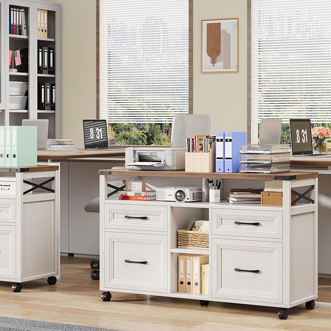 Vabches Farmhouse Filing Cabinet with Adjustable Shelf & Wheels, Lateral File Cabinets, Office Storage Cabinet with 4 Drawers and Open Storage Space, for Hanging Files Letter/A4, for Home Office