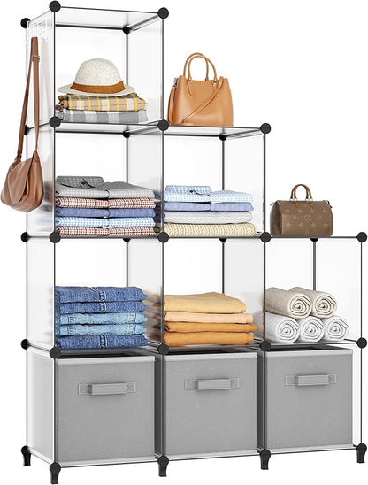 HOMIDEC Closet Organizers and Storage, 9 Cube Storage Organizer, Portable Closet Organizer Storage Cubes Shelves for Clothes, Bedroom, Wardrobe, Kids Room, Bathroom, Transparent