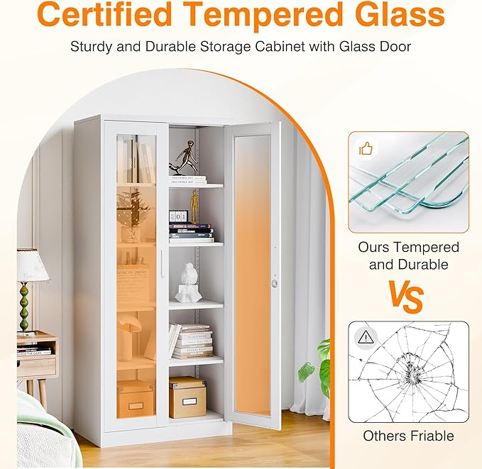 Tall Display Storage Cabinet with Tempered Glass Door, Metal Cabinet with 4 Adjustable Shelves for Home,Study,Living Room and Office (White)