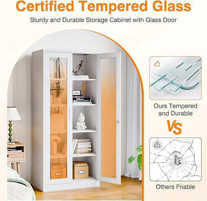 Tall Display Storage Cabinet with Tempered Glass Door, Metal Cabinet with 4 Adjustable Shelves for Home,Study,Living Room and Office (White)