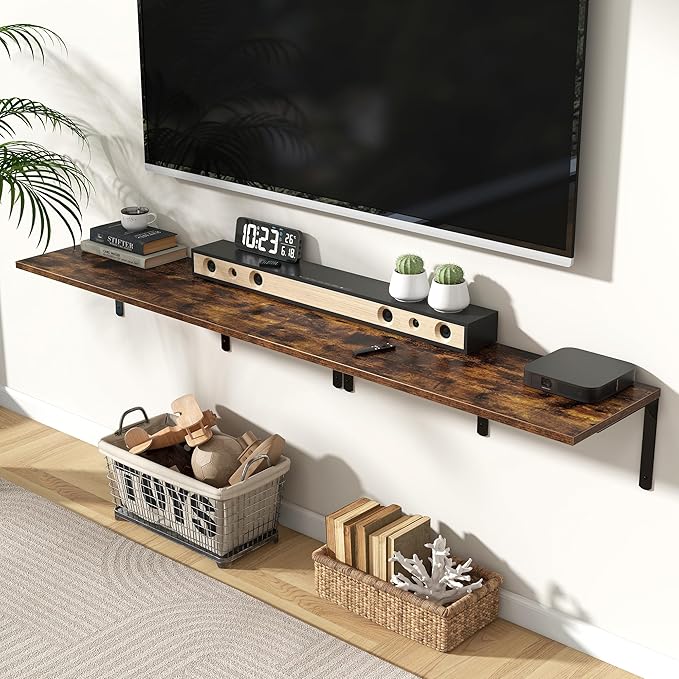 Fun Memories Rustic Brown 12 Inch Deep Floating Shelves Set of 2, Wall Mounted Shelf with Metal Brackets, Rustic Wood Wall Shelf for Bathroom, Kitchen and Living Room, Rustic Brown, 36W x 12D