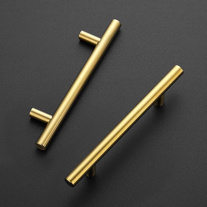 JOY DECOR 60 Pack 6-3/8 Inch Cabinet Pulls Kitchen Cabinet Handles with 4 Inch Hole Center Brushed Brass Cabinet Hardware Stainless Steel Kitchen Drawer Pulls for Cabinets Cupboard, 102mm Hole Centers