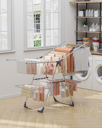 Clothes Drying Rack, Foldable 2-Level Laundry Drying Rack with Height-Adjustable Wings, for Clothing & Bedding, Free-Standing Space-Saving Rack, Indoor & Outdoor, 55.5"L × 22.8"W, Silver Blue