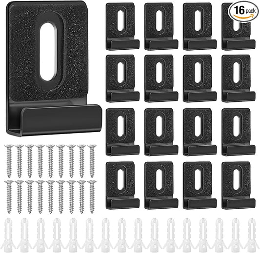 16pcs Metal Mirror Holder Kit, J Type Hanger Clip Kit with Screws Rubber Pads Hooks Heavy Duty Mirror Hanger Hardware for Frameless Mounting Wall Tile Billboard Display (Black)
