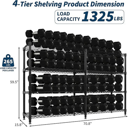 4-Tier Metal Storage Shelves, Adjustable Wire Shelving Unit for Garage, Pantry, Basement & Kitchen, Easy Assembly, 70.8" w x 15.8" d x 59.5" h, 265 Lbs Per Tier