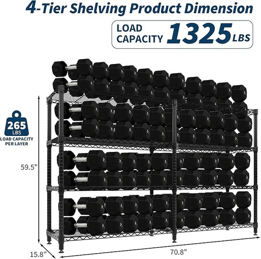 4-Tier Metal Storage Shelves, Adjustable Wire Shelving Unit for Garage, Pantry, Basement & Kitchen, Easy Assembly, 70.8" w x 15.8" d x 59.5" h, 265 Lbs Per Tier